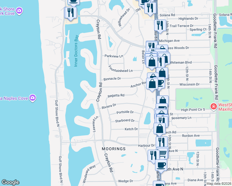 map of restaurants, bars, coffee shops, grocery stores, and more near 605 Regatta Road in Naples