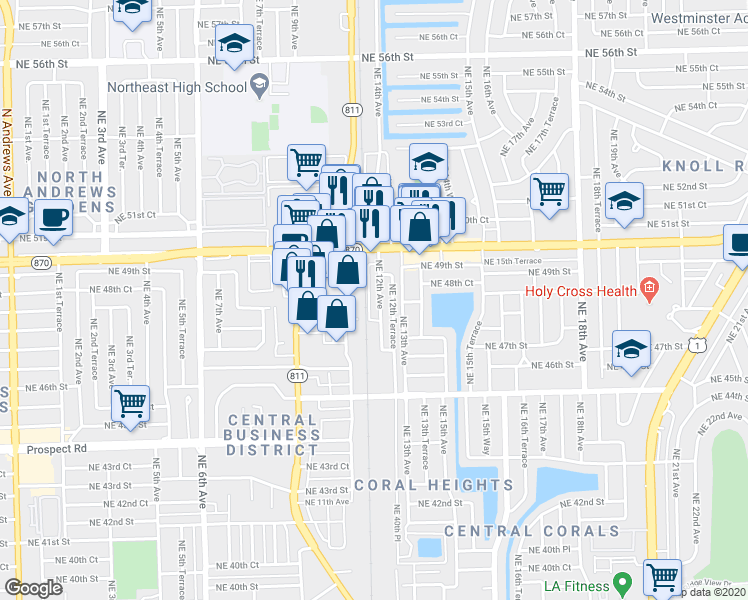 map of restaurants, bars, coffee shops, grocery stores, and more near 4829 Northeast 12th Avenue in Oakland Park
