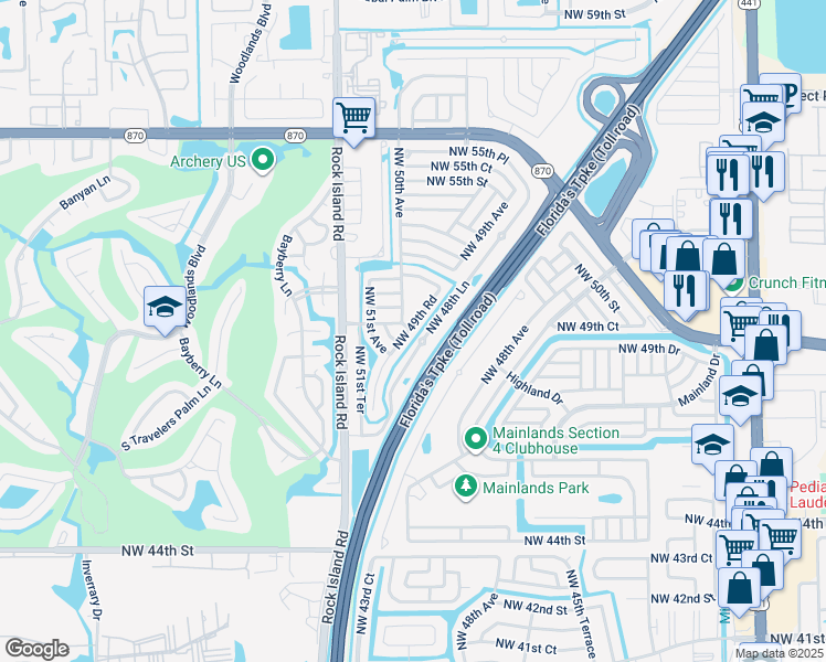map of restaurants, bars, coffee shops, grocery stores, and more near 4922 Northwest 49th Road in Tamarac