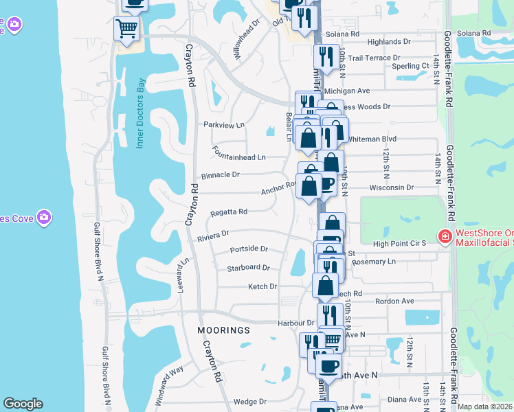 map of restaurants, bars, coffee shops, grocery stores, and more near 695 Regatta Road in Naples
