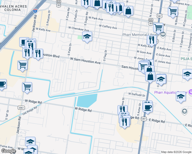map of restaurants, bars, coffee shops, grocery stores, and more near 1002 Flag Street in Pharr