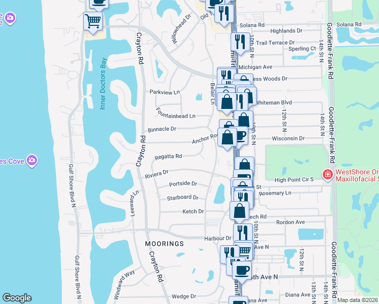 map of restaurants, bars, coffee shops, grocery stores, and more near 695 Regatta Road in Naples