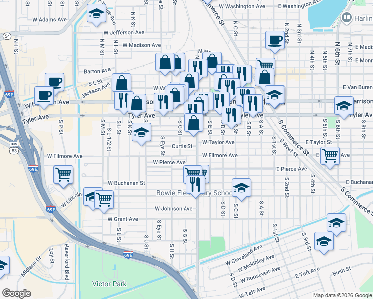map of restaurants, bars, coffee shops, grocery stores, and more near 703 Curtis Street in Harlingen