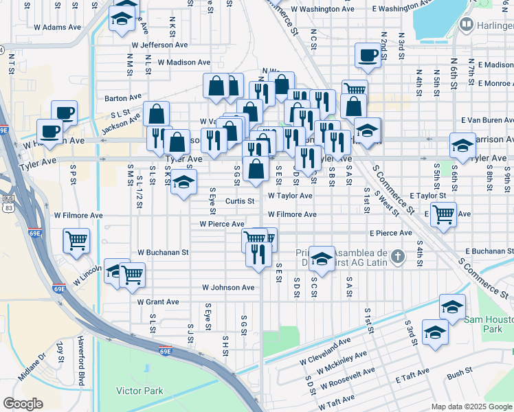 map of restaurants, bars, coffee shops, grocery stores, and more near 703 Curtis Street in Harlingen