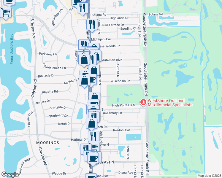 map of restaurants, bars, coffee shops, grocery stores, and more near 5 High Point Circle West in Naples