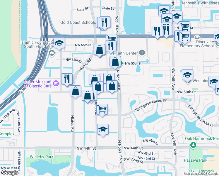 map of restaurants, bars, coffee shops, grocery stores, and more near 10001 Northwest 50th Street in Sunrise