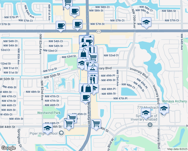 map of restaurants, bars, coffee shops, grocery stores, and more near 4962 North University Drive in Lauderhill