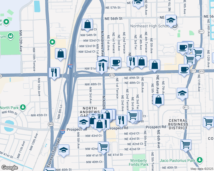 map of restaurants, bars, coffee shops, grocery stores, and more near 30 Northeast 48th Court in Fort Lauderdale