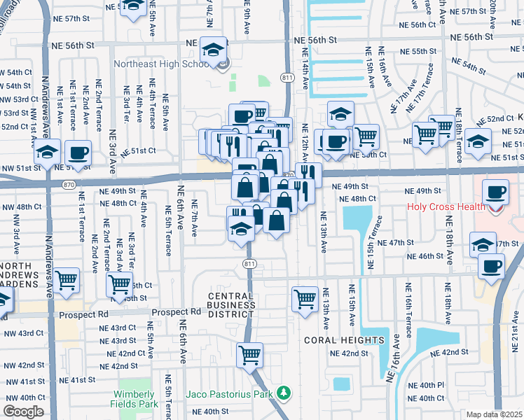 map of restaurants, bars, coffee shops, grocery stores, and more near 4892 Florida 811 in Oakland Park
