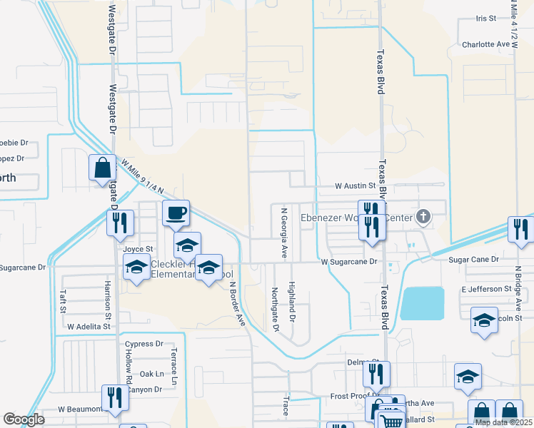 map of restaurants, bars, coffee shops, grocery stores, and more near 2723 North Ohio Avenue in Weslaco