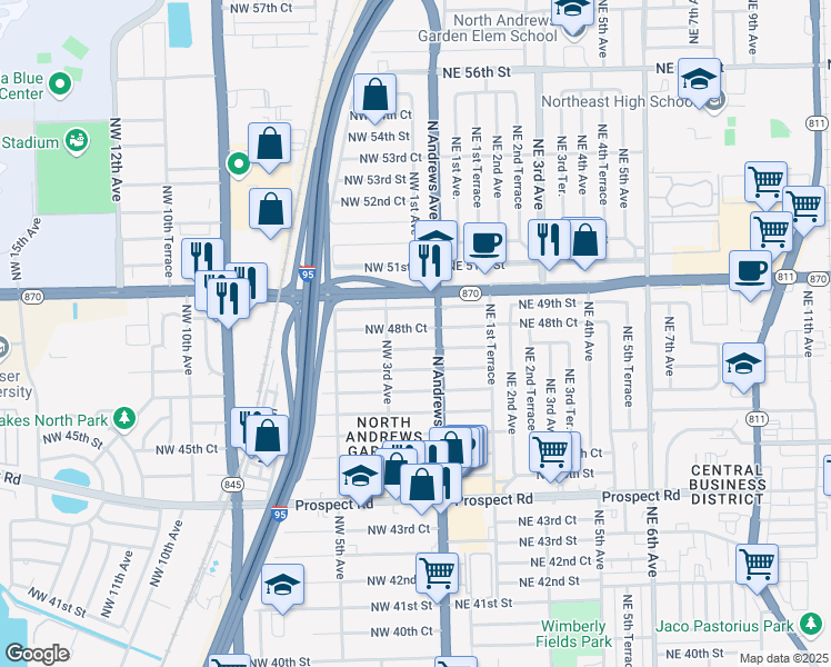 map of restaurants, bars, coffee shops, grocery stores, and more near 140 Northwest 48th Court in Oakland Park