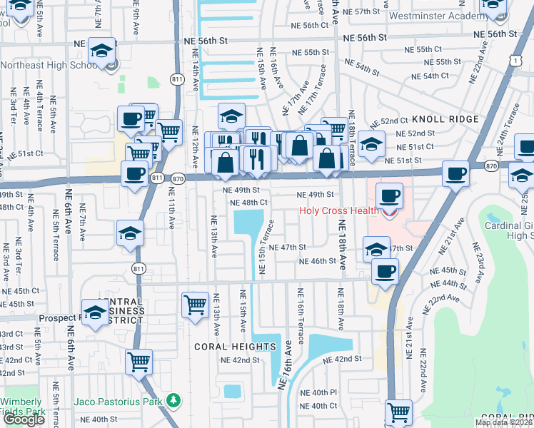 map of restaurants, bars, coffee shops, grocery stores, and more near 4831 Northeast 15th Terrace in Oakland Park