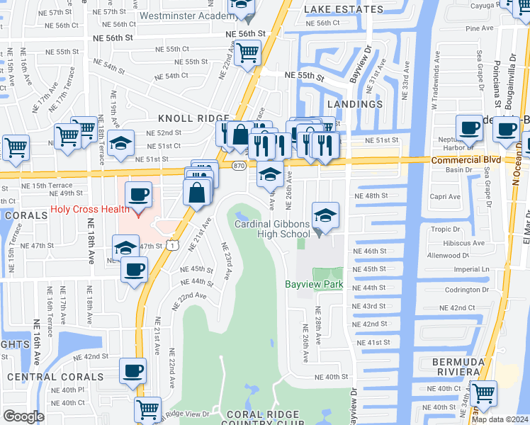 map of restaurants, bars, coffee shops, grocery stores, and more near 4737 Northeast 25th Avenue in Fort Lauderdale
