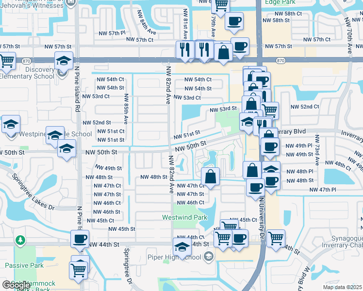 map of restaurants, bars, coffee shops, grocery stores, and more near 7941 Northwest 50th Street in Lauderhill
