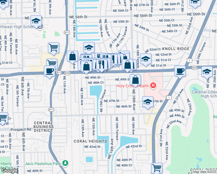 map of restaurants, bars, coffee shops, grocery stores, and more near 4831 Northeast 15th Way in Oakland Park