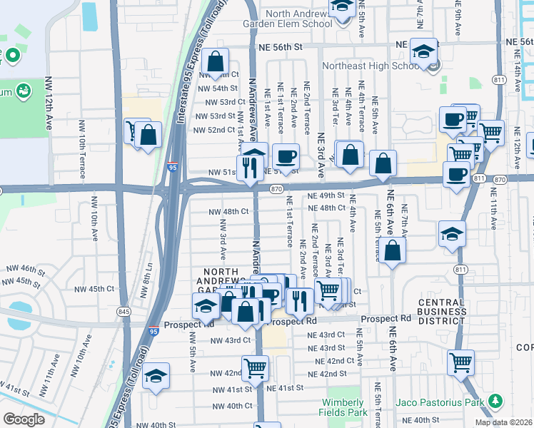 map of restaurants, bars, coffee shops, grocery stores, and more near 30 Northeast 48th Court in Fort Lauderdale