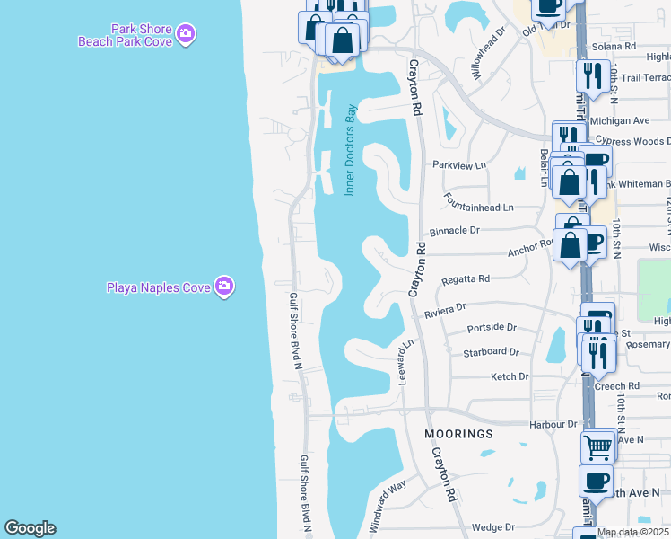map of restaurants, bars, coffee shops, grocery stores, and more near 3410 Gulf Shore Boulevard North in Naples