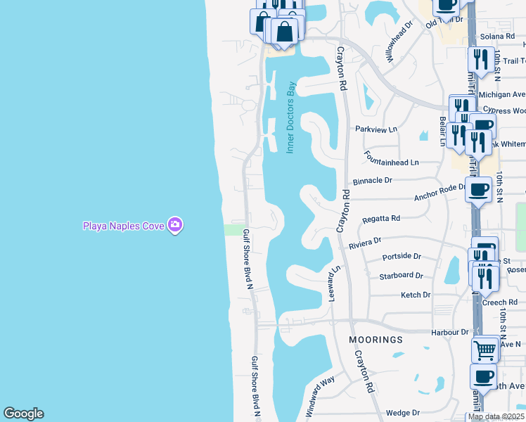 map of restaurants, bars, coffee shops, grocery stores, and more near 3420 Gulf Shore Boulevard North in Naples