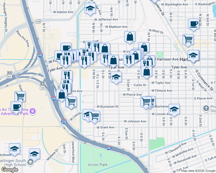 map of restaurants, bars, coffee shops, grocery stores, and more near 626 South K Street in Harlingen