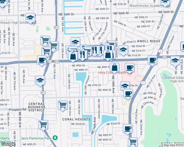 map of restaurants, bars, coffee shops, grocery stores, and more near 4831 Northeast 15th Way in Oakland Park