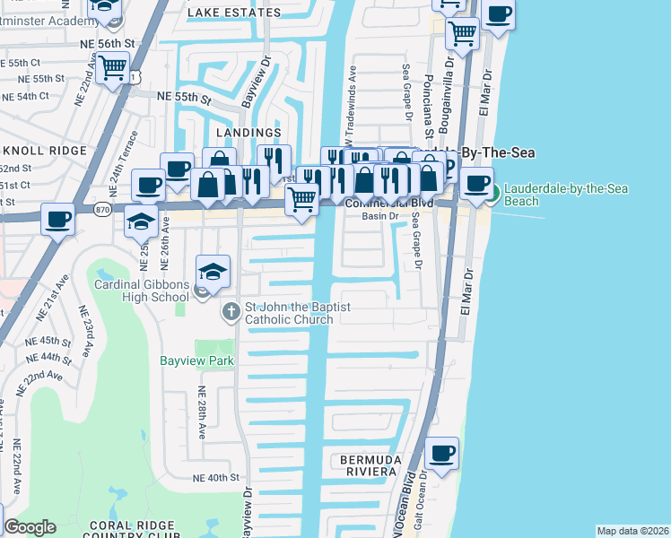 map of restaurants, bars, coffee shops, grocery stores, and more near 292 Trade Winds Avenue South in Lauderdale-by-the-Sea