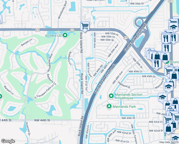 map of restaurants, bars, coffee shops, grocery stores, and more near 4920 Northwest 51st Avenue in Tamarac