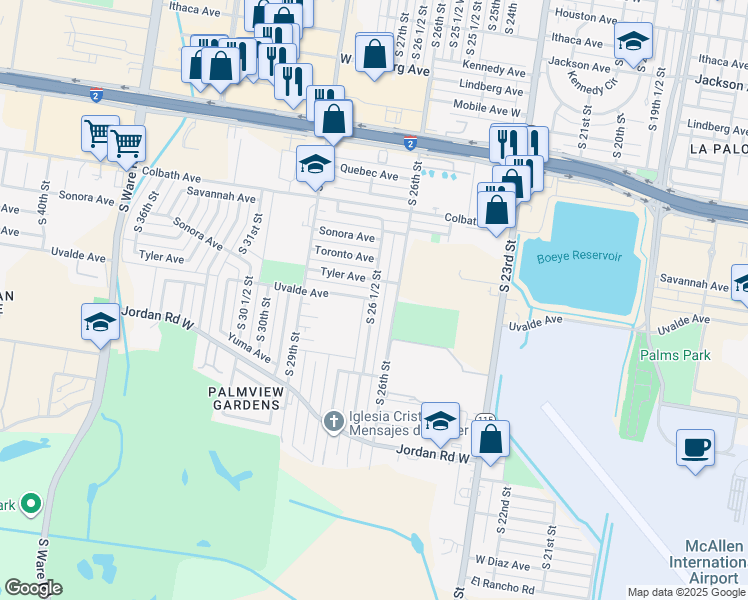 map of restaurants, bars, coffee shops, grocery stores, and more near Uvalde Avenue in McAllen
