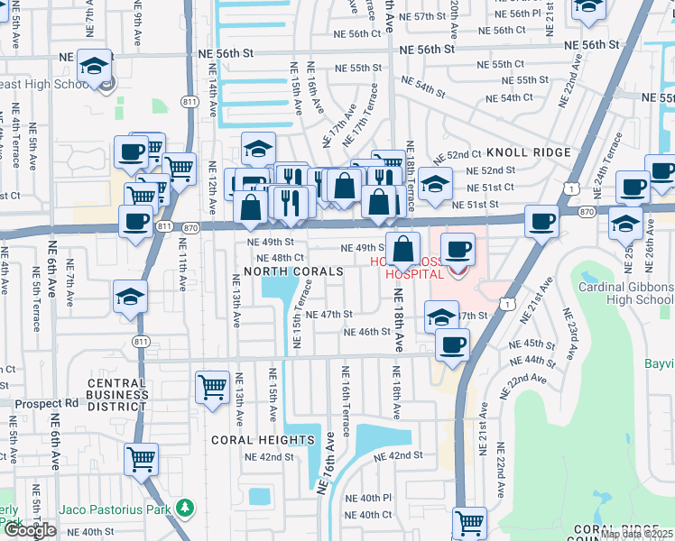 map of restaurants, bars, coffee shops, grocery stores, and more near 1598 Northeast 48th Court in Oakland Park
