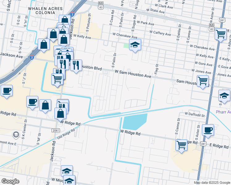 map of restaurants, bars, coffee shops, grocery stores, and more near 1101 South Palm Drive in Pharr