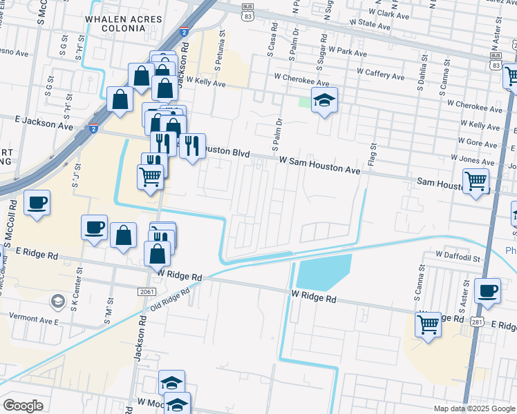 map of restaurants, bars, coffee shops, grocery stores, and more near 1101 South Palm Drive in Pharr