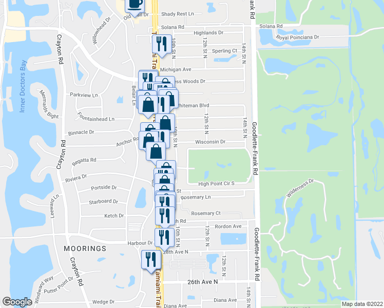 map of restaurants, bars, coffee shops, grocery stores, and more near 5 High Point Circle West in Naples