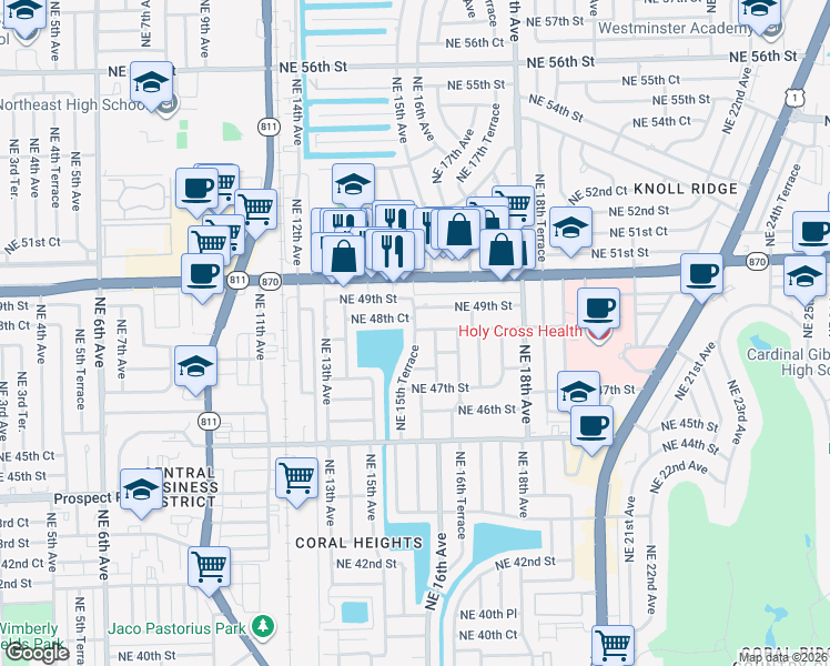 map of restaurants, bars, coffee shops, grocery stores, and more near 4831 Northeast 15th Terrace in Oakland Park