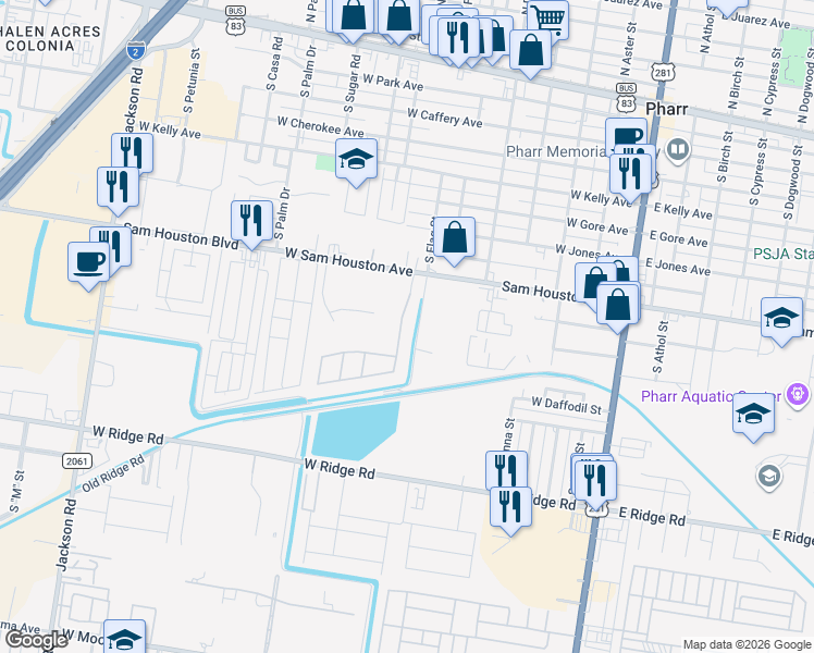 map of restaurants, bars, coffee shops, grocery stores, and more near 1002 Flag Street in Pharr
