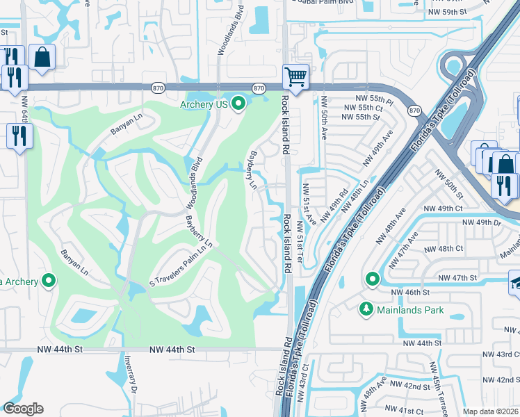 map of restaurants, bars, coffee shops, grocery stores, and more near 5001 Bayberry Ln in Tamarac