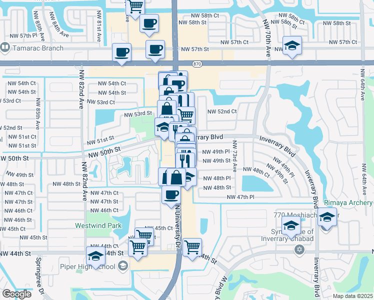 map of restaurants, bars, coffee shops, grocery stores, and more near 4962 North University Drive in Lauderhill