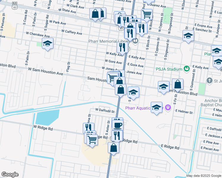 map of restaurants, bars, coffee shops, grocery stores, and more near 207 West Leslie Street in Pharr