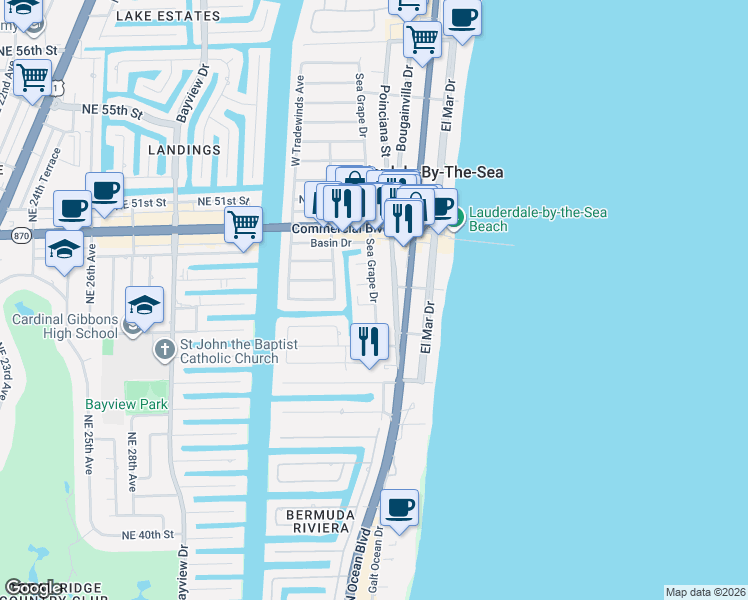 map of restaurants, bars, coffee shops, grocery stores, and more near 4229 Sea Grape Drive in Lauderdale-by-the-Sea