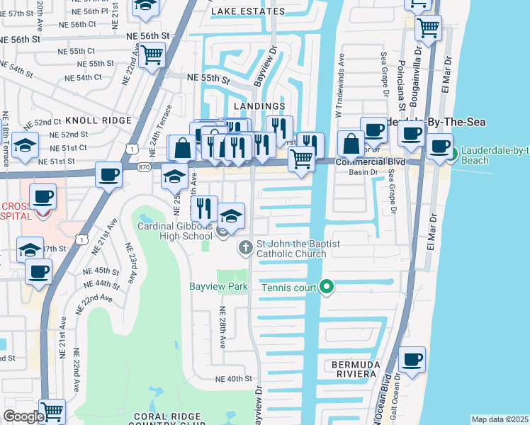 map of restaurants, bars, coffee shops, grocery stores, and more near 3001 Northeast 47th Court in Fort Lauderdale