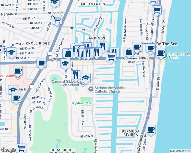 map of restaurants, bars, coffee shops, grocery stores, and more near 3001 Northeast 47th Court in Fort Lauderdale