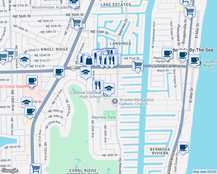 map of restaurants, bars, coffee shops, grocery stores, and more near 4741 Northeast 28th Avenue in Fort Lauderdale