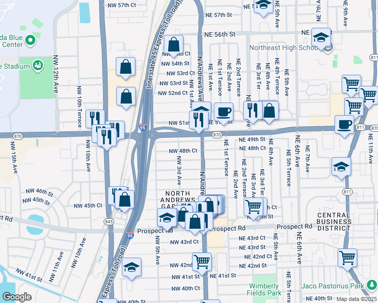map of restaurants, bars, coffee shops, grocery stores, and more near 140 Northwest 48th Court in Oakland Park