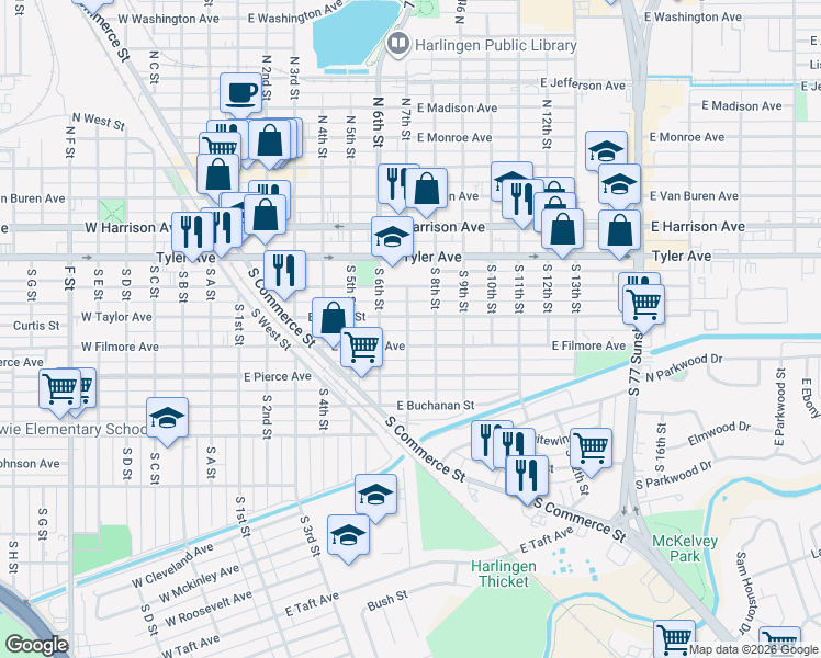 map of restaurants, bars, coffee shops, grocery stores, and more near 605 South 7th Street in Harlingen