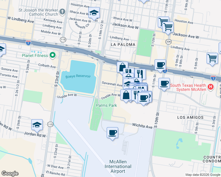 map of restaurants, bars, coffee shops, grocery stores, and more near 1516 Toronto Avenue in McAllen