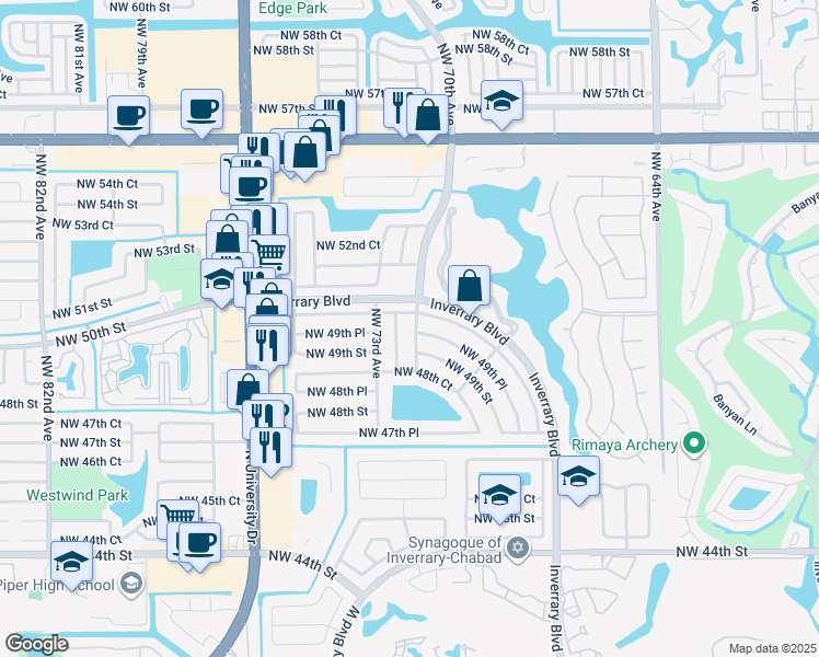 map of restaurants, bars, coffee shops, grocery stores, and more near 4961 Northwest 72nd Avenue in Lauderhill