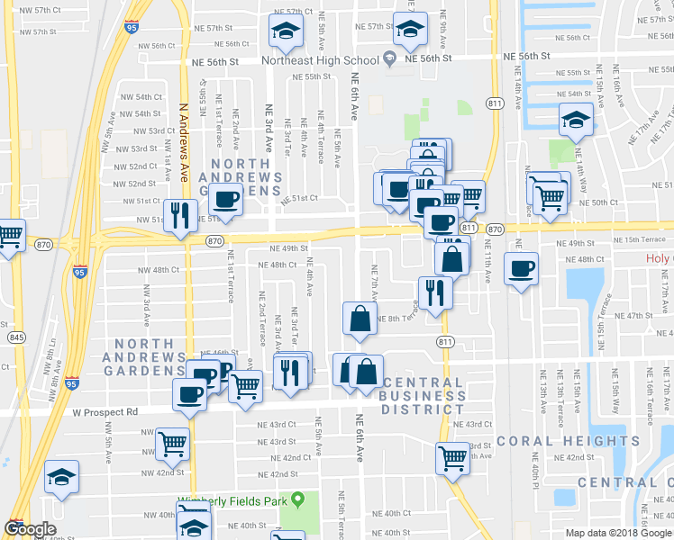map of restaurants, bars, coffee shops, grocery stores, and more near 4841 Northeast 5th Terrace in Fort Lauderdale