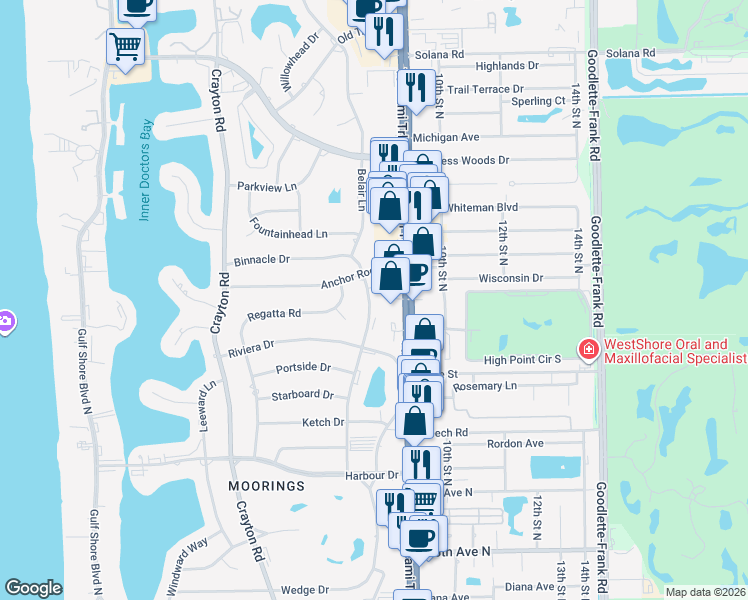 map of restaurants, bars, coffee shops, grocery stores, and more near 846 Anchor Rode Drive in Naples