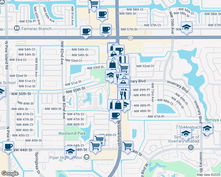 map of restaurants, bars, coffee shops, grocery stores, and more near 4919 North University Drive in Lauderhill