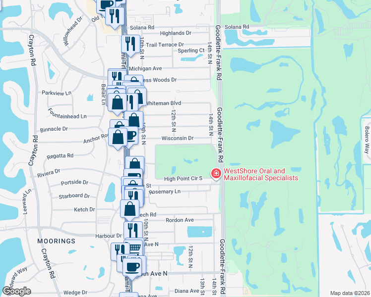 map of restaurants, bars, coffee shops, grocery stores, and more near 13 High Point Circle North in Naples