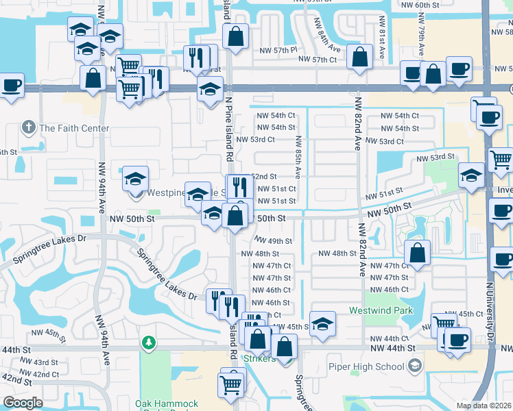 map of restaurants, bars, coffee shops, grocery stores, and more near 8640 Northwest 51st Street in Lauderhill