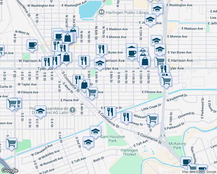 map of restaurants, bars, coffee shops, grocery stores, and more near 718 East Taylor Avenue in Harlingen